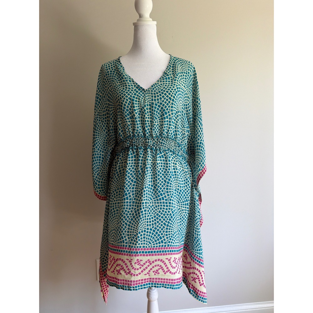 Tolani Teal Pink Mosaic Print 100% Silk Kaftan Mini Dress XS V-Neck Smocked